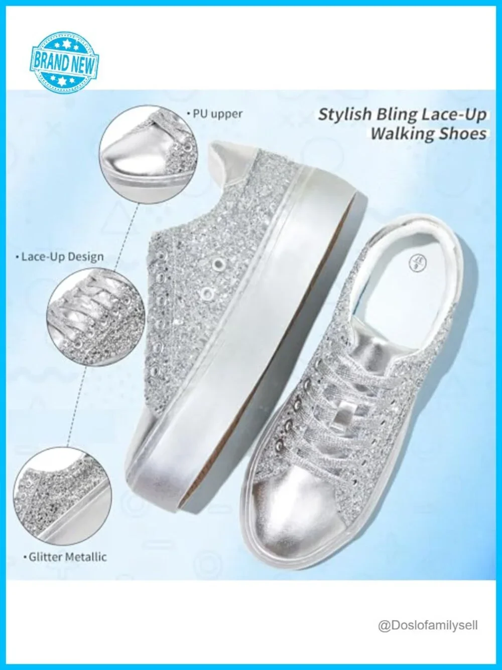 Glitter Platform Sneakers Lace-Up Chunky Low-Top Tennis Shoes